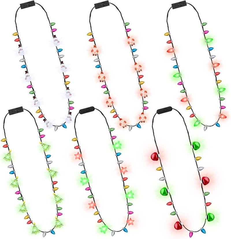 Traplace Store 6PCS Light Up Christmas Necklaces, 3 Glow Modes Multicolor Christmas Accessories, Xmas Tree Santa Claus Bulb Designs Lights, Festive Holiday Decor for Ugly Sweater Party Favors Xmas Party Supplies - Image 1